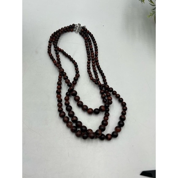 Red Tigers Eye Triple Strand Layered Sterling Silver Necklace New - Picture 11 of 16
